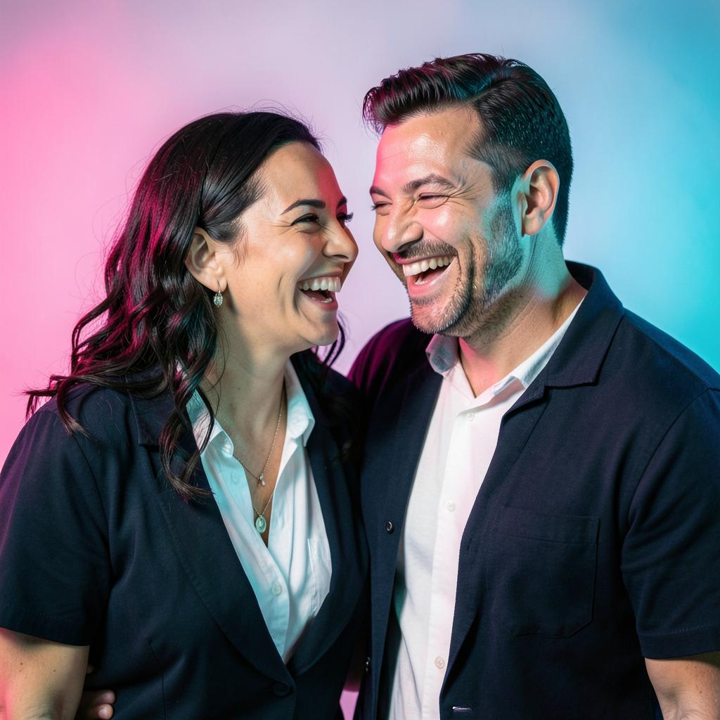 Couple laughing in pink and cyan studio light