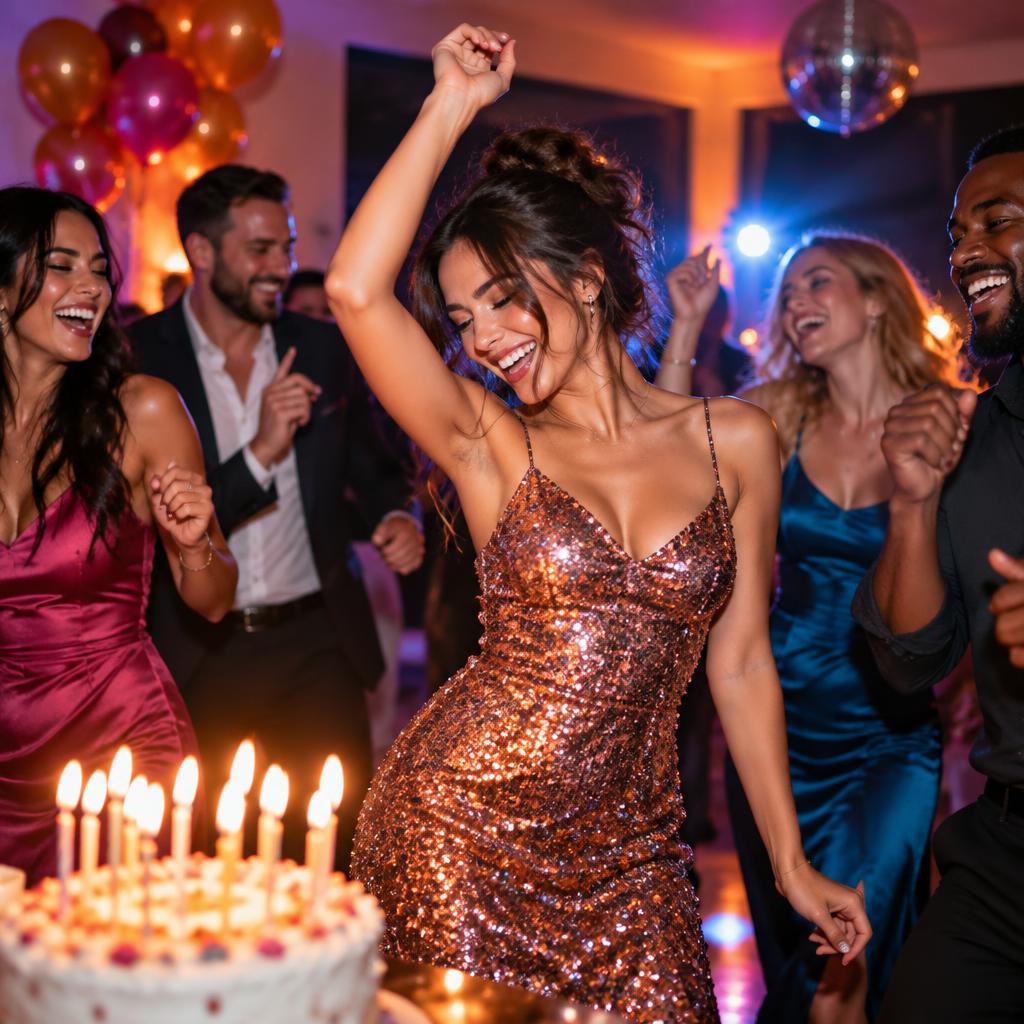 Guests dancing at a colourful birthday celebration
