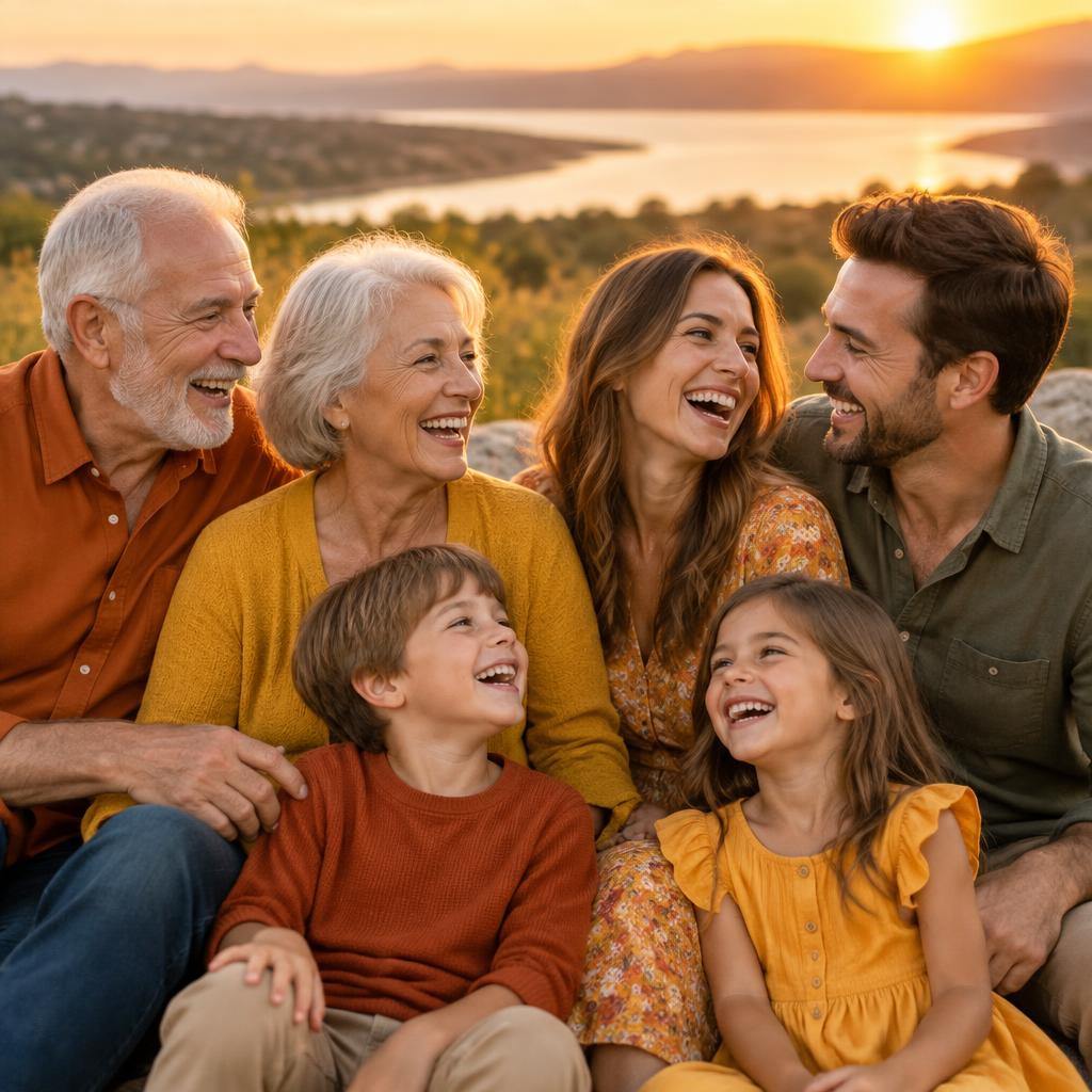 Family laughing together at golden hour