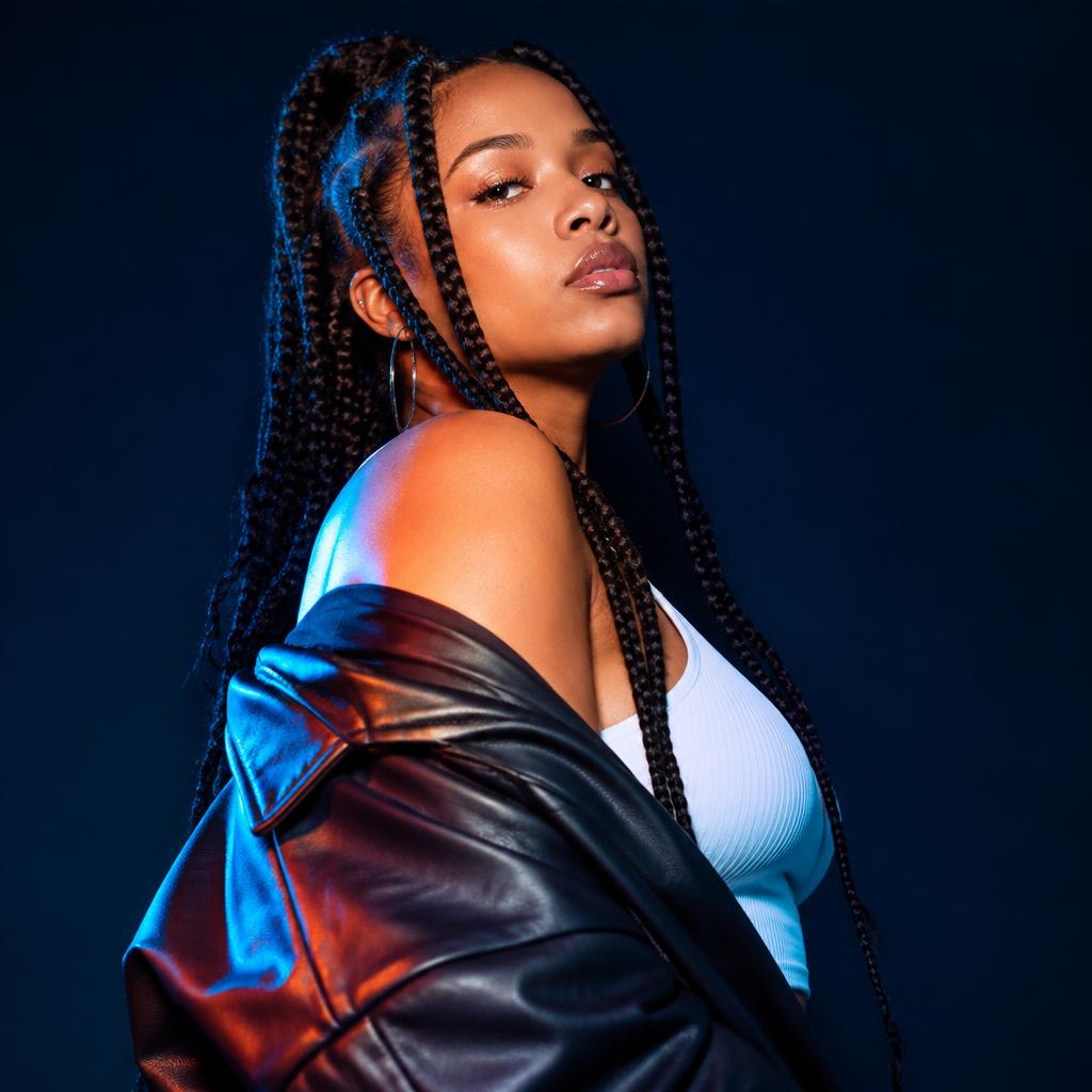 Creative studio portrait with blue and orange lighting