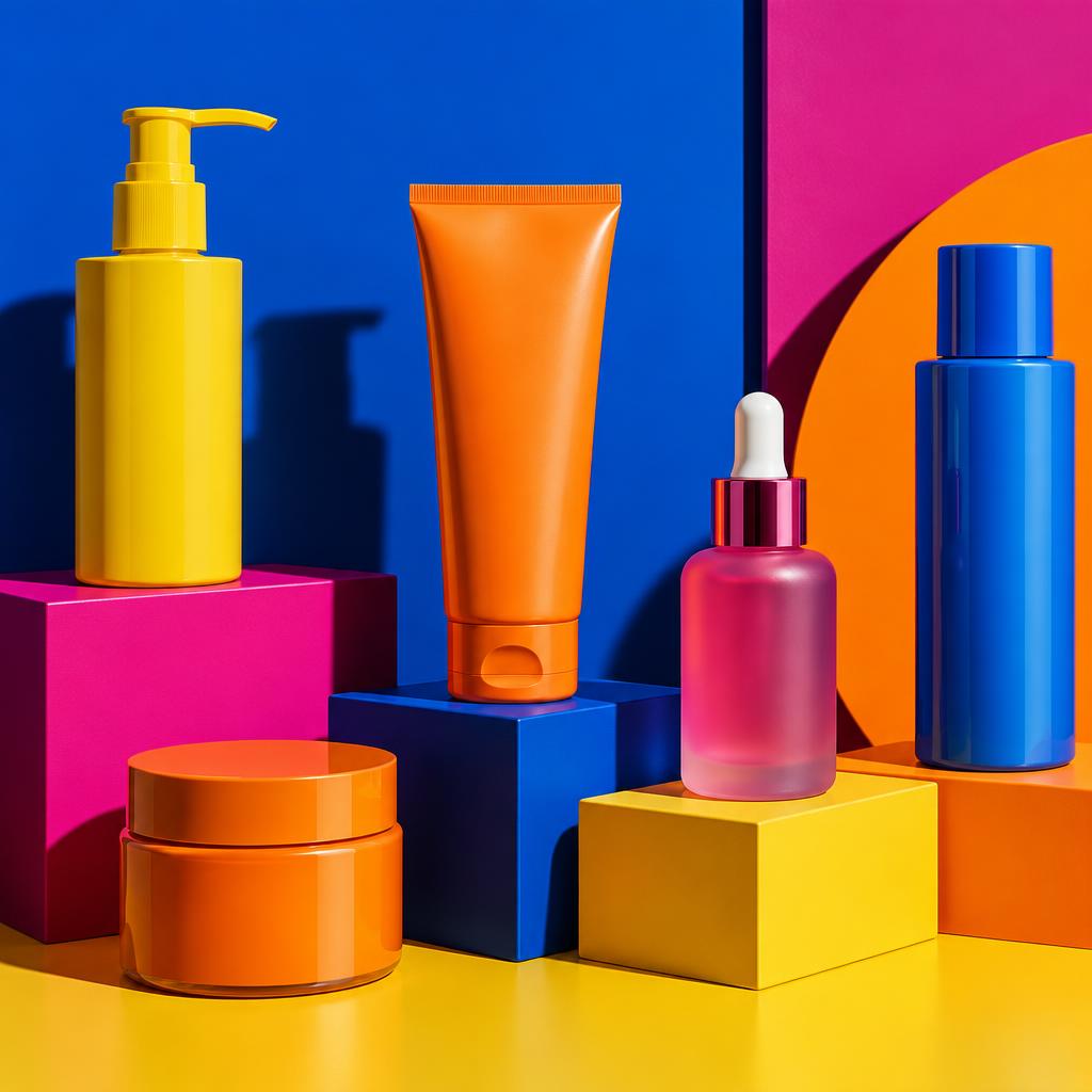 Colourful skincare products on geometric studio plinths